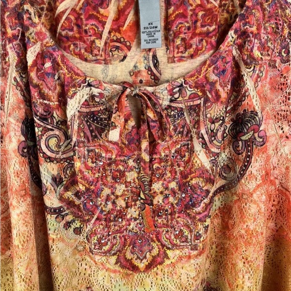 Women’s 22/24 2x Open Knit SS Shirt Top, Catherine’s Boho, Orange Gold, Pretty - Picture 2 of 8